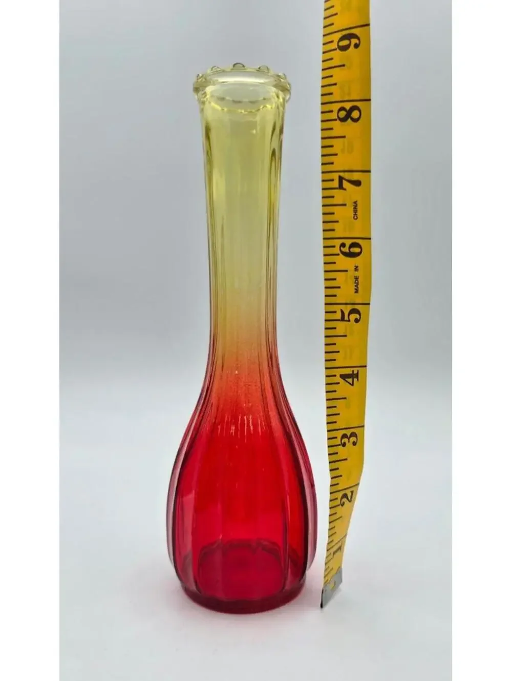 Vintage Jeannette Amberina Glass Red to Amber Ribbed Bud Vase MCM